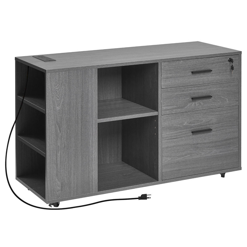 Classeur mobile 3 tiroirs en bois avec multiprise, Gris