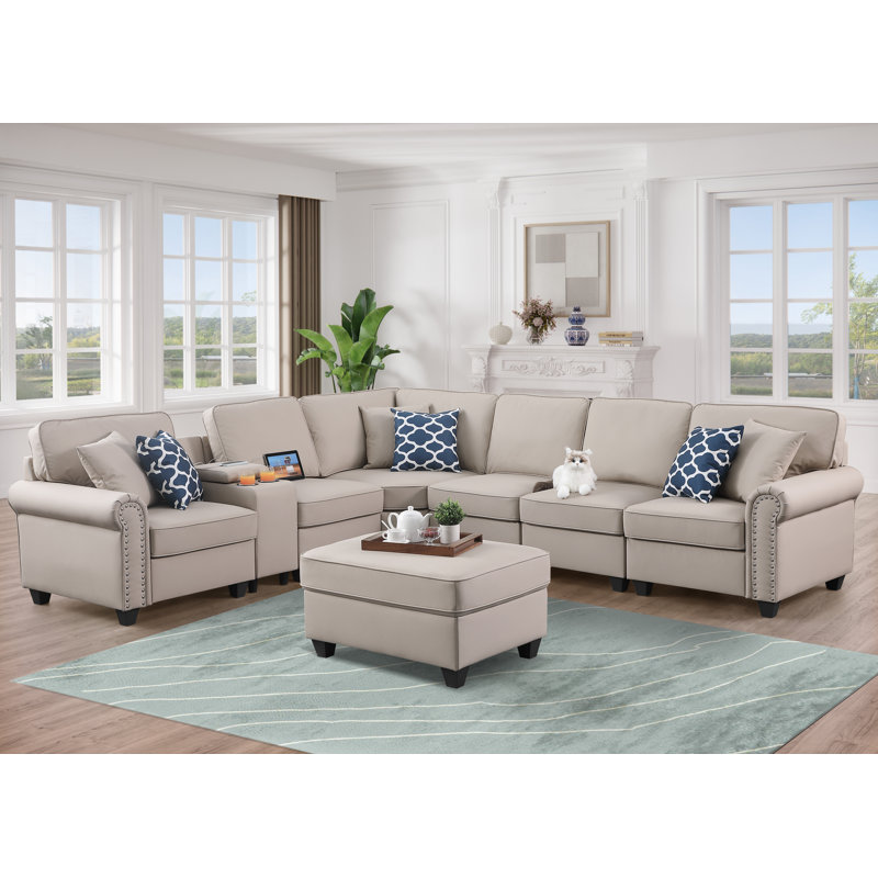 Canapé modulaire en cuir artificiel avec repose-pieds et console Gina Gina, Similicuir beige Gina