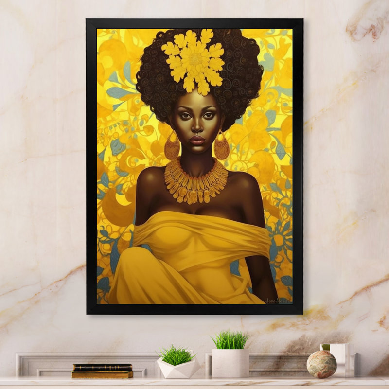 Orisha Oshun, déesse africaine en jaune I, H 40 po x l 30 po x P 1,5 po, Cadre photo noir
