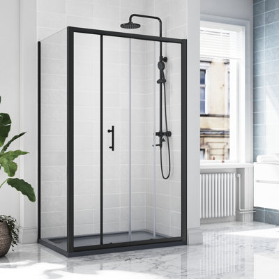 185*120*0.6cm, Safe and Easy-To-Clean Sliding Shower Enclosure with Side Panels, Black