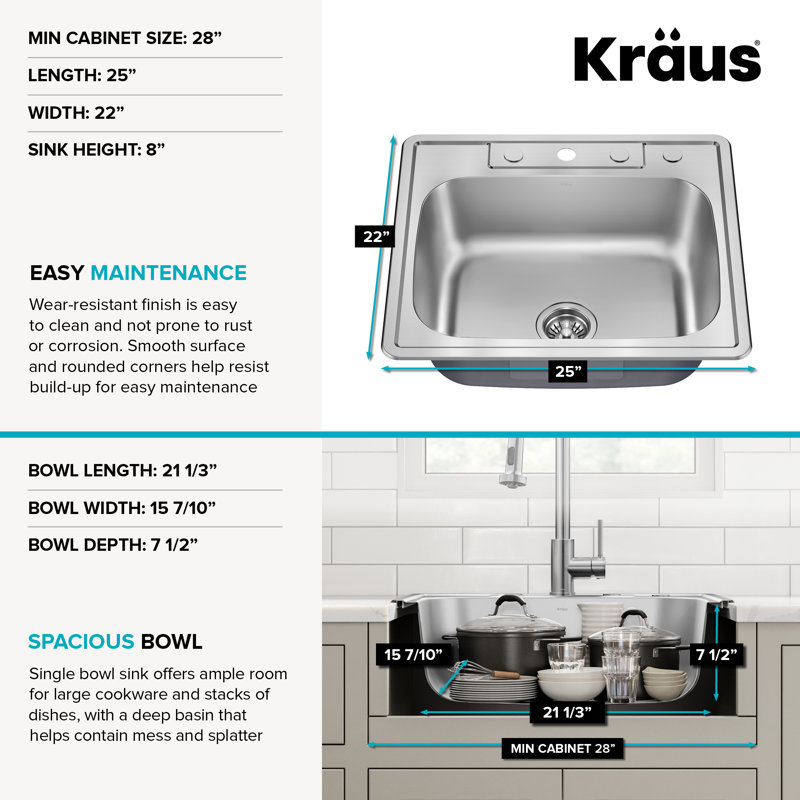 Évier de cuisine en acier inoxydable de calibre 18 KRAUS Premier, 25", Bol simple