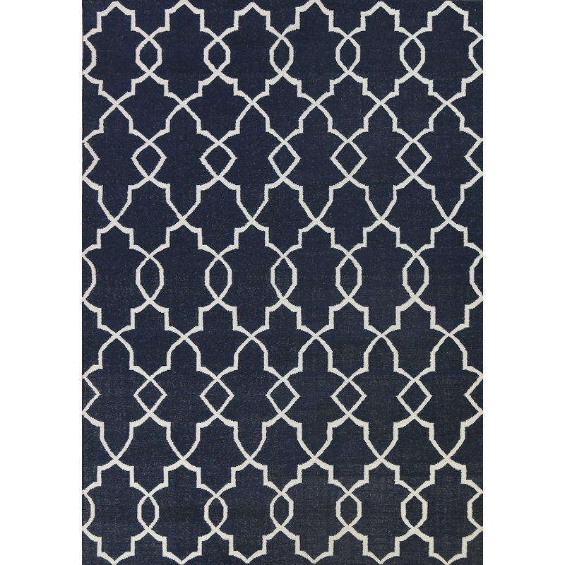 Tapis bleu marine / blanc à motif géométrique en laine tissé à plat à la main
