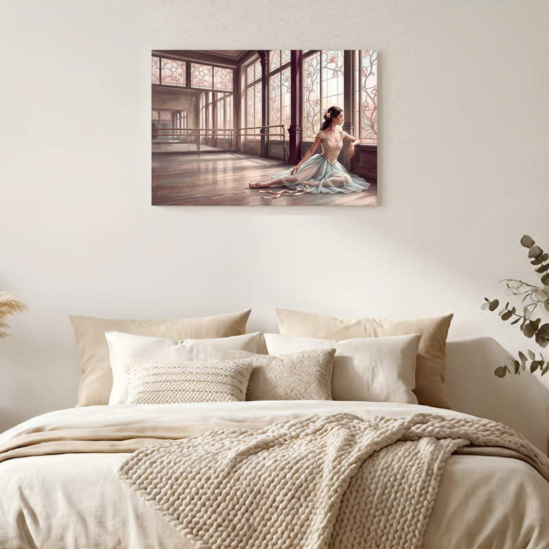 Ballerine, assis dans un studio de danse, vitrail, art mural sur toile, 24"H x 36"W