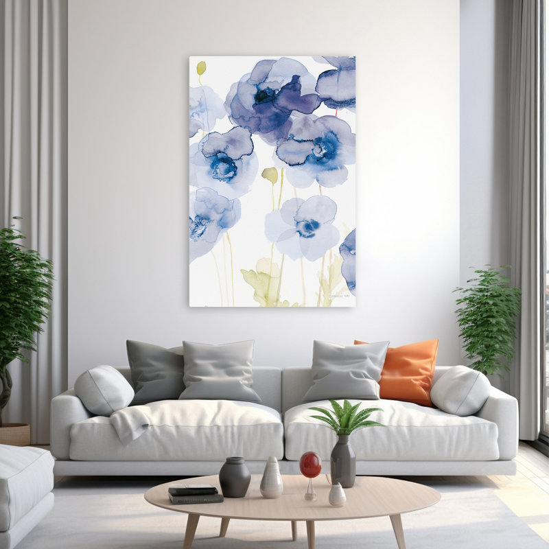 Art abstrait bleu et coquelicots délicats III, H 60 po x l 40 po