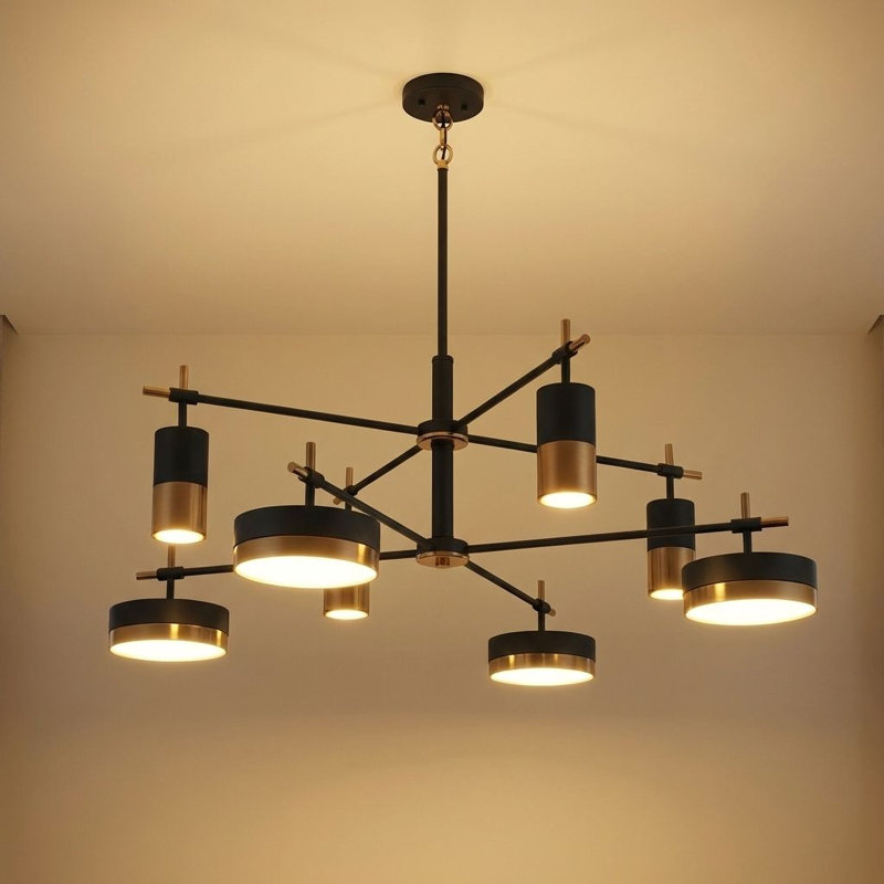 Lustre 8 lumières DEL Ashor en noir mat avec accents laiton chaud Ashor