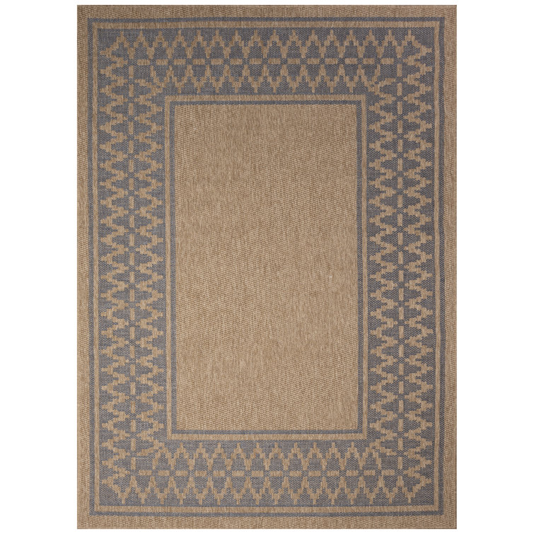Dakota Fields Diamond Border Natural Tan/Blue Indoor/Outdoor Rug | Wayfair