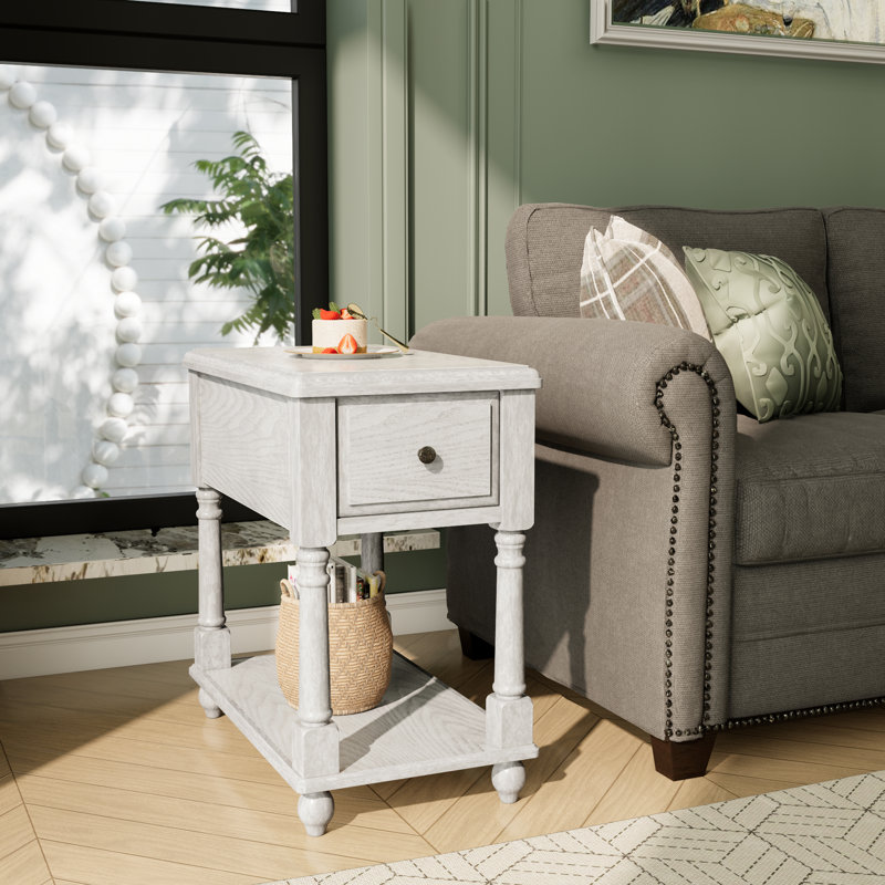 Table de bout moderne en bois avec tiroir et étagère de rangement Montevideo, Blanc vieilli