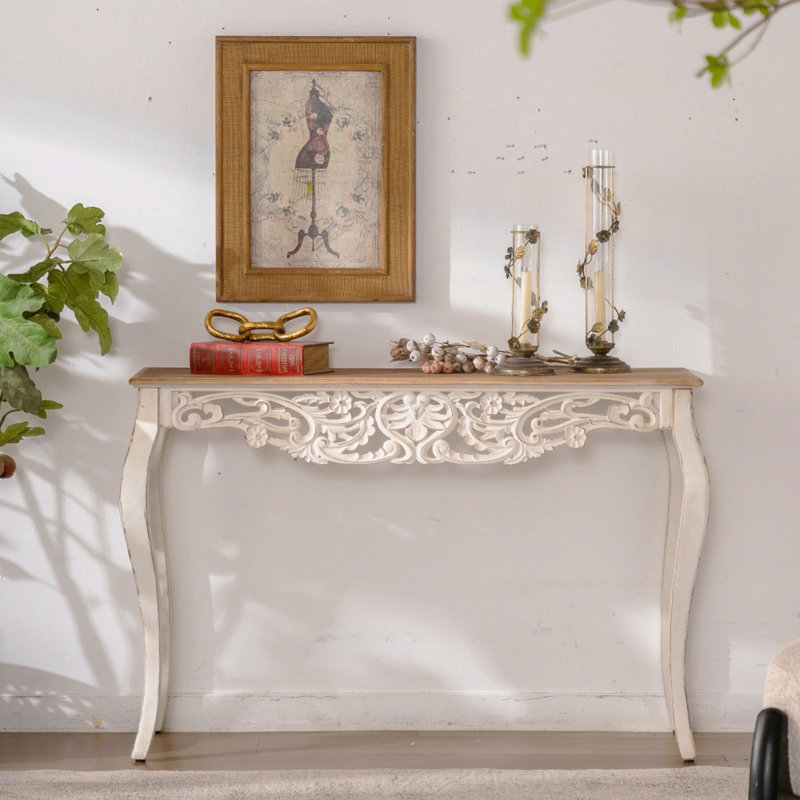 Table de canapé rectangulaire en bois blanche de 43,3 pouces avec sculptures d'artisan uniques