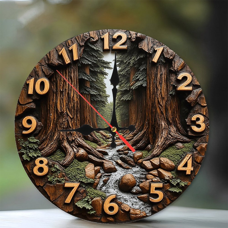 Wooden Wall Clock Redwood Forest Stream