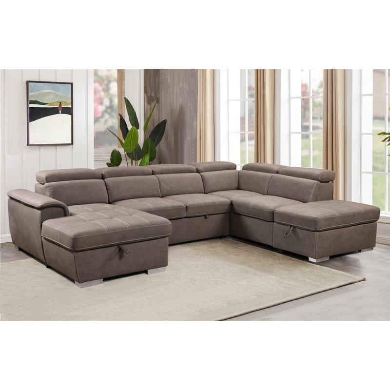 Narender 127.5''  U Shape Firm Sectional Sleeper Sofa Flared Arms Sectional Sofa with Pull Out Bed ,Adjustable Headrest and Ottoman