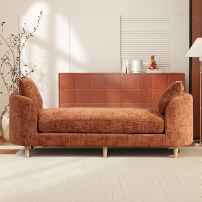 77" Modern Bed End Bench With Armrests Chenille Upholstered Bench With 2 Throw Pillows For Living Rooms And Bedrooms