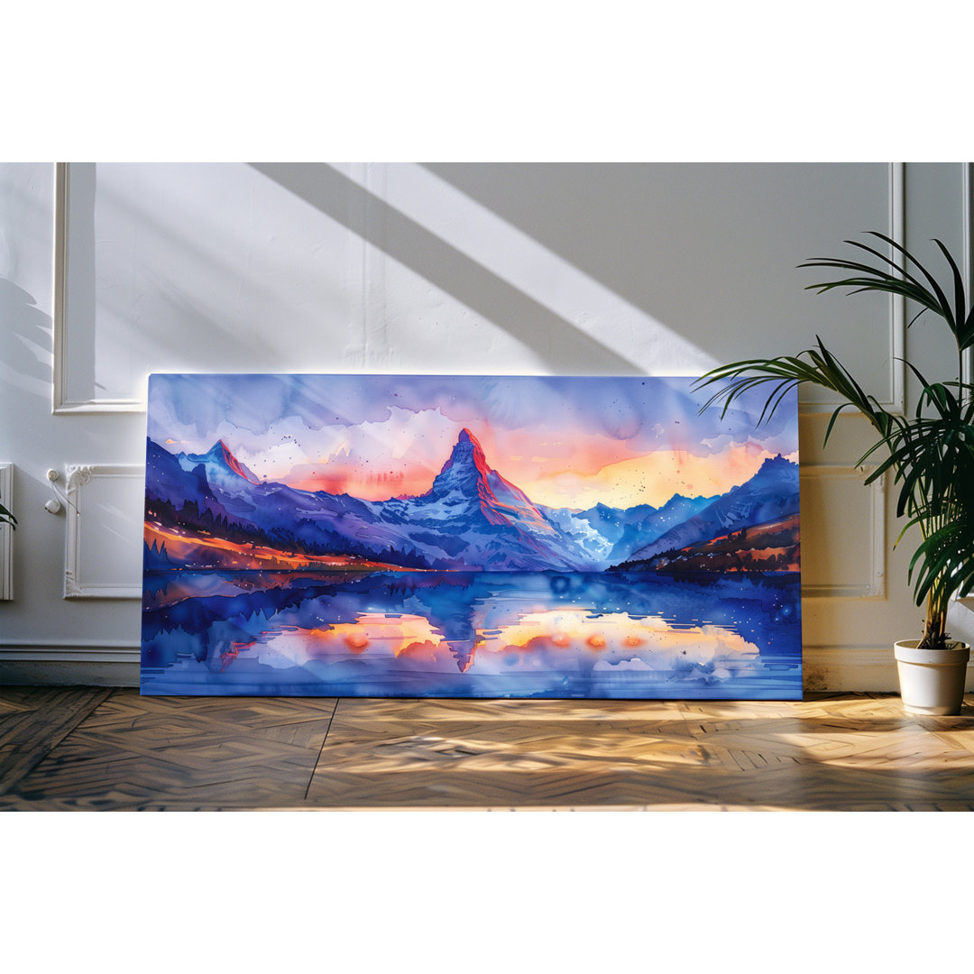 Gerahmtes Bild auf Leinwand 120x60cm Kunstvoll Matterhorn Berggipfel See Bergsee Berglandschaft