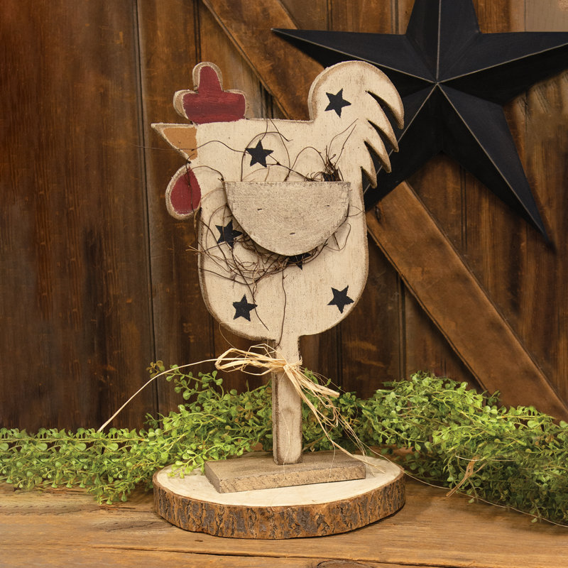 Poulet rustique avec étoiles en bois sur base H 18,5 po