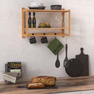 Bamboo Wall Shelf With Towel Bar, 3 Hooks, Wall Mount Storage Shelves, 2 Tier, Organizer Rack, Natural Finish
