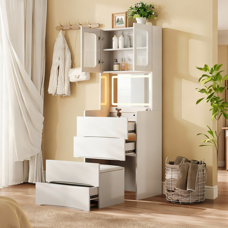 Table de coiffeuse 3-en-1 avec miroir à DEL et tabouret de rangement, coiffeuse de maquillage à dessus rabattable avec lumières réglables, organisateur de cosmétiques à 5 espaces de rangement pour la chambre à coucher