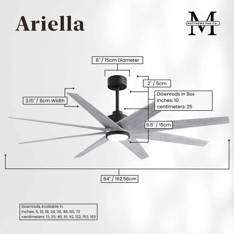 Ariella - Eight Blade Ceiling Fan - Integrated LED - Matte Black Finish - Matte White Blades, Barn Wood Tone, Matte Black