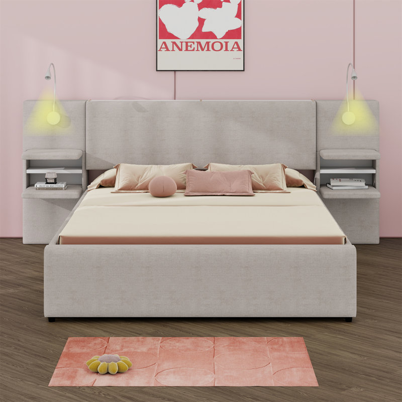 Lit plateforme tapissier avec lampes de lecture, tiroirs, lit gigogne et tablettes