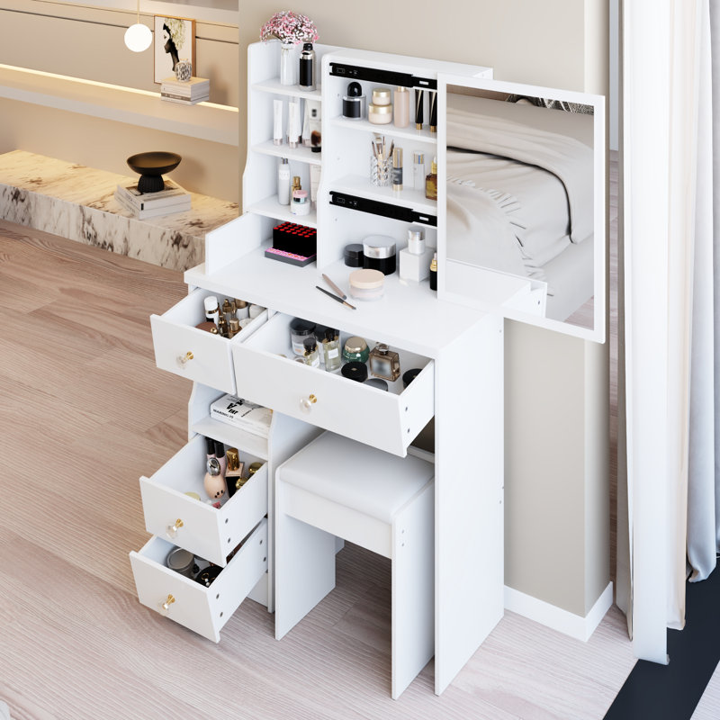 American Style 50.4" Tall White Vanity Table With Left Drawer, Right Sliding Mirror, Multi - Layer Storage And Cushioned Stool For Small Spaces 29.2" Long Bedrooms