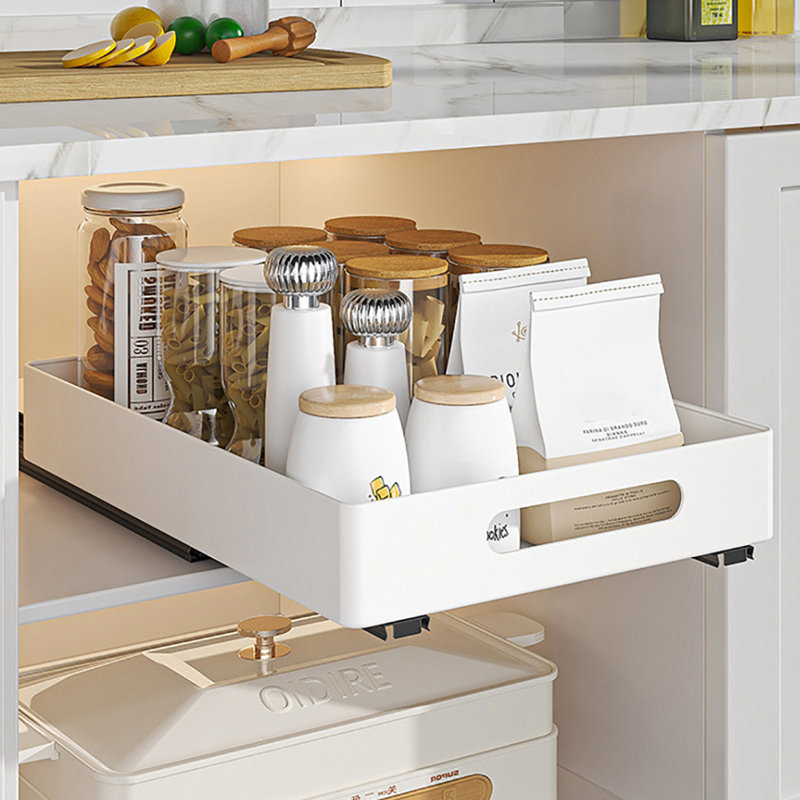Pull Out Cabinet Organizers 14.5" Deep Slide Out Drawers Fixed with Adhesive Film for Pots, White
