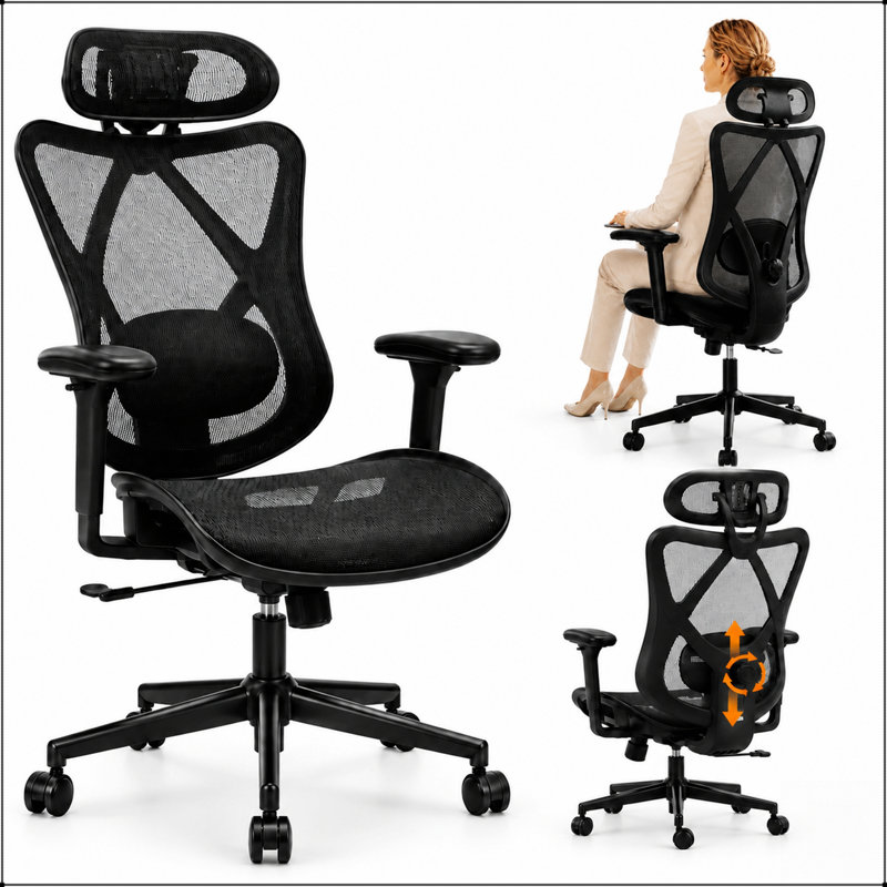 Chaise de bureau ergonomique avec dossier haut en maille, soutien lombaire réglable, appui-tête et accoudoirs pour une utilisation confortable à la maison ou en jeu.