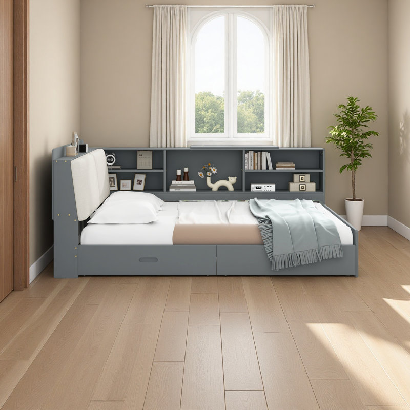 Lit plateforme en bois avec tête de lit, tablettes et 2 tiroirs, Gris