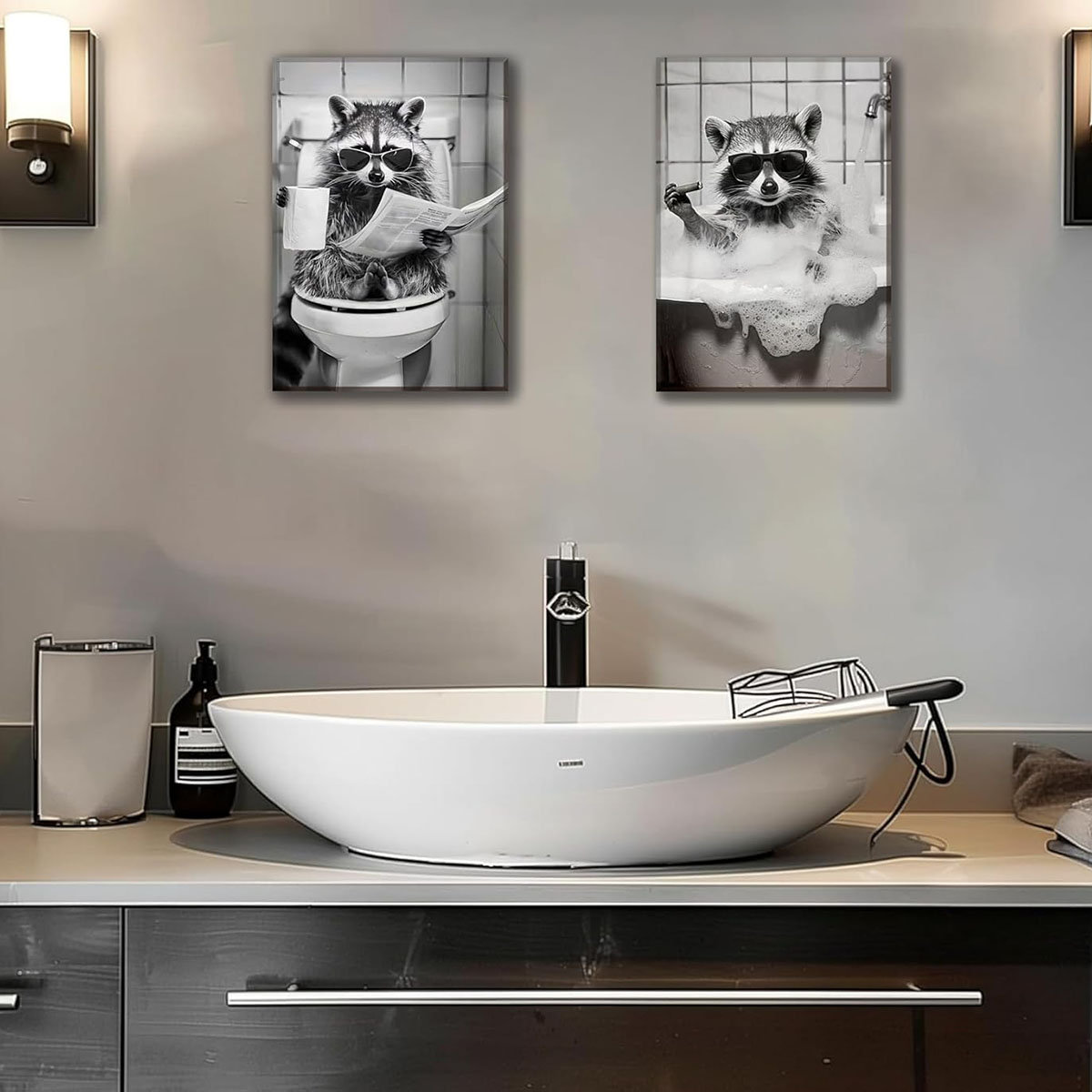 Lily Manor 2Psc Raccoon Bathroom Framed Canvas Wall Art Funny Animal ...
