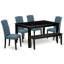 Ensemble de salle à manger 6 pièces comprenant une table de salle à manger rectangulaire et 4 chaises Parson en tissu bleu minéral et un banc, noir-716697741-716697740-798297271