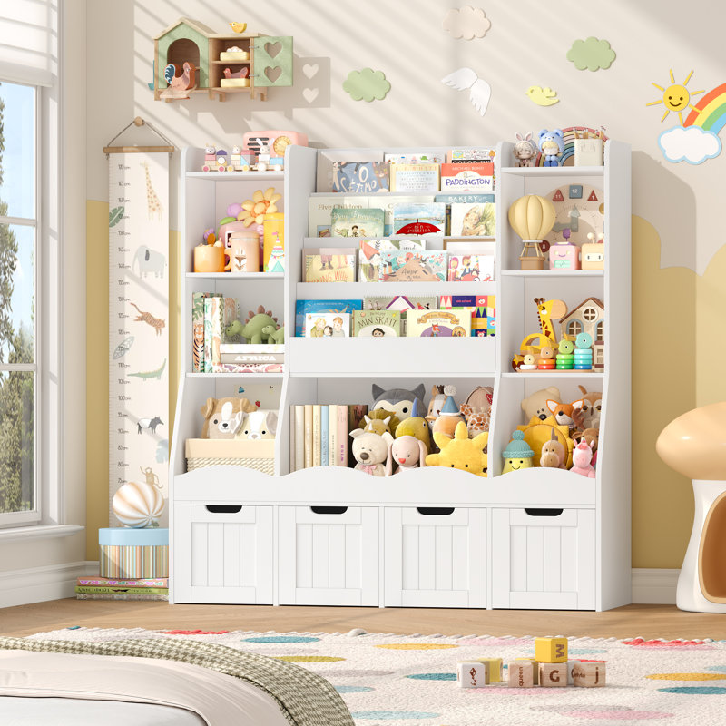 Bibliothèque pour enfants à 4 niveaux avec 4 tiroirs, bibliothèque de rangement en bois, blanc
