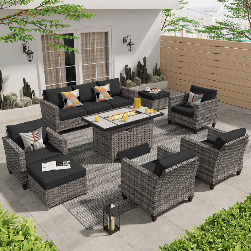 Allcot 7 - Person Wicker/Rattan Patio Furniture Set, Outdoor Sofa Set with Comfy Cushions, Black, Yes