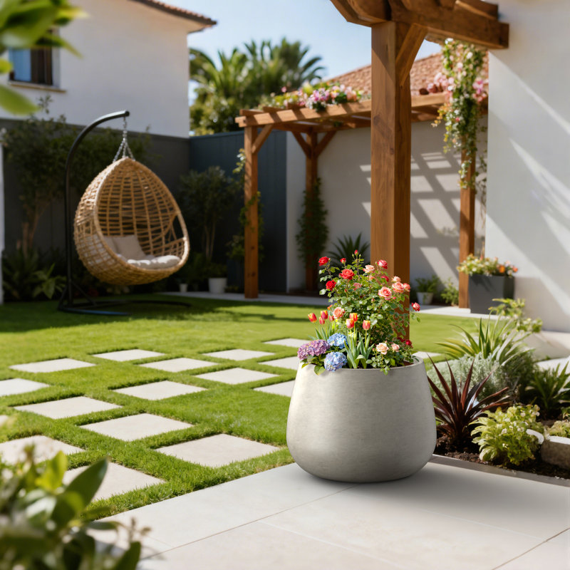 14.5 in. Large Warm Gray Concrete Round Planter / Pot with Drainage Holes for Indoor & Outdoor, Stone Gray