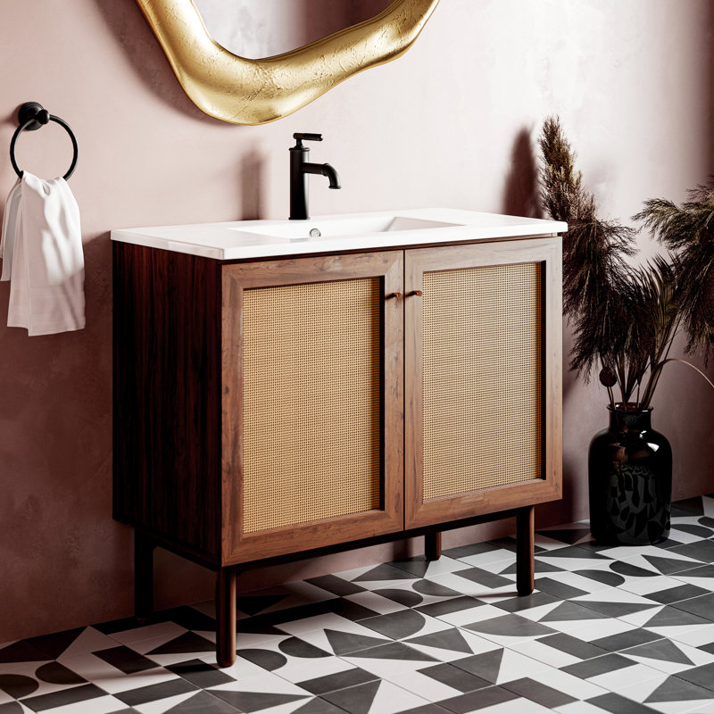 Meuble-lavabo sur pied en chêne brun avec plateau en céramique blanc résistant aux égratignures Classe 36, Chêne brun, Blanc