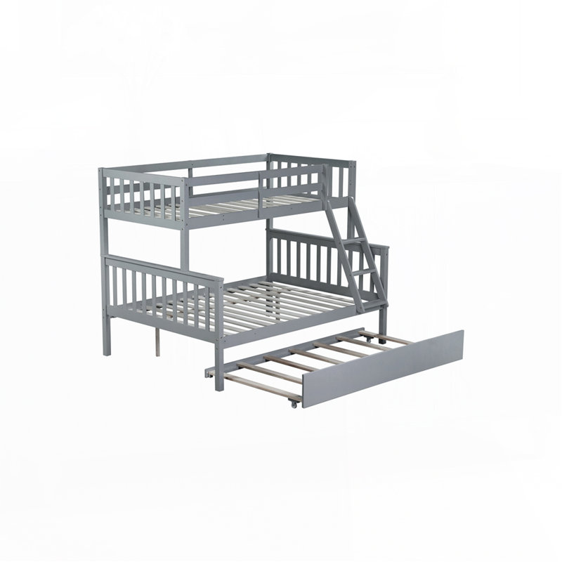 Lit simple superposé en bois d'hévéa avec lit gigogne, gris
