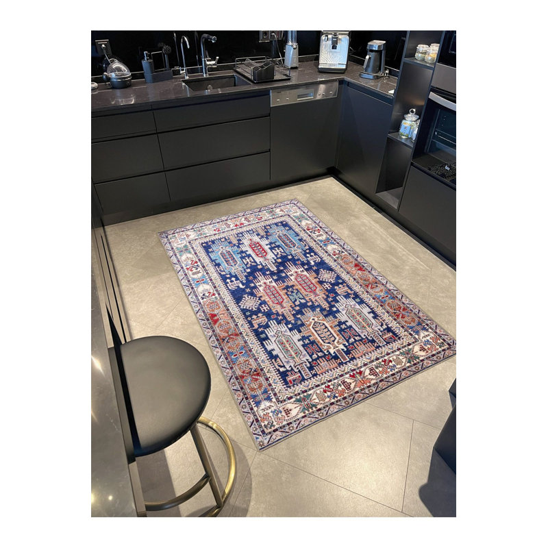 Tapis bleu tissé lavable à la machine, Sous-tapis rectangulaire de 3 pi 3 po x 4 pi 11 po