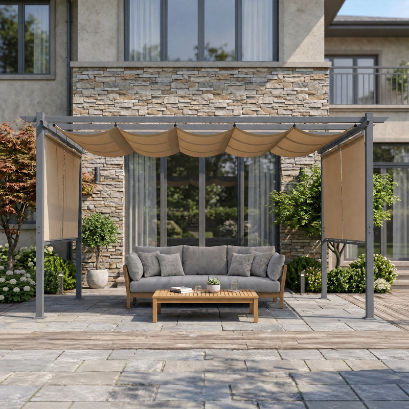 Pergola en aluminium avec auvent Aoodor, Brun, Bordure de jardin 13 pi