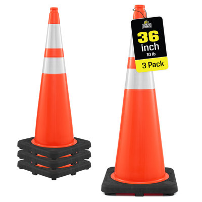 Cônes de signalisation orange Boen 36 po, paquet de 3, conformes à la norme MUTCD, avec 2 colliers réfléchissants et une base de 4,5 kg pour les travaux routiers, le stationnement et la signalisation routière.