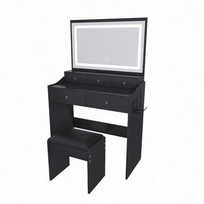 Grand bureau de coiffeuse à miroir pour la chambre à coucher, ensemble de coiffeuse à maquillage moderne avec prise de courant et support pour sèche-cheveux, 5 tiroirs, 3 coiffeuses réglables de couleur pour la chambre à coucher