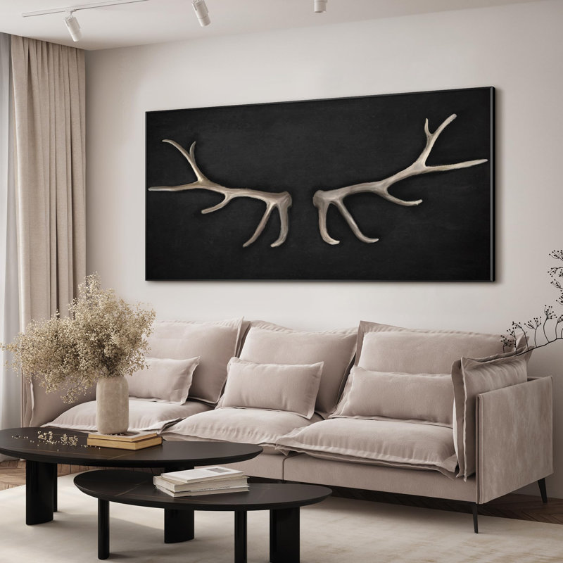 Très grand art mural imprimé sur bois - ramures réalistes sur fond foncé, illustrations pour décor de salon ou de chambre à coucher