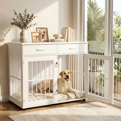 Meuble pour chien en bois 43,3 pouces avec 3 portes et 2 tiroirs, chenil pour grands chiens