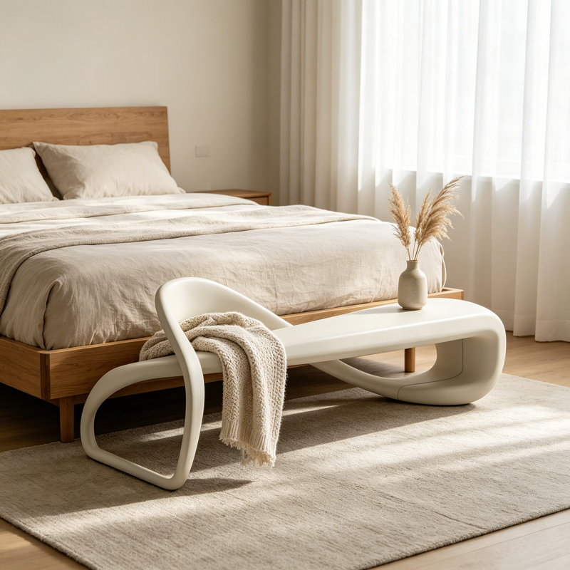 Repose-pieds moderne en similicuir rembourré, banc de bout blanc cassé, H 16,14 po x l 70,87 po x P 18,11 po