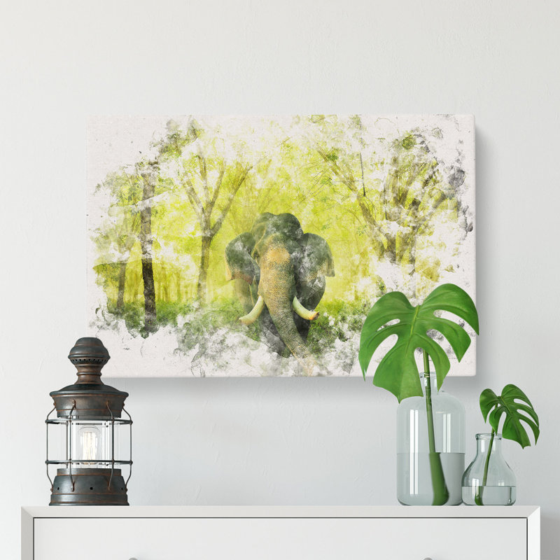 Marvellous Elephant in a Green Forest Watercolour - Wrapped Canvas, 35cm H x 50cm W x 3cm D