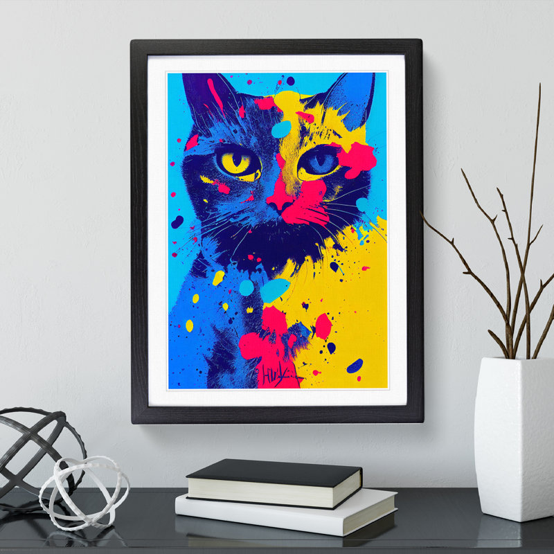 Paint Splat Cat No.1 - Single Picture Frame Print, 64cm H x 46cm W x 2cm D, Black