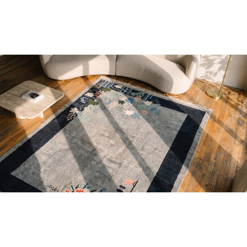 Antique Floral Wool Hand Knotted Pile Gray 1920s Rug