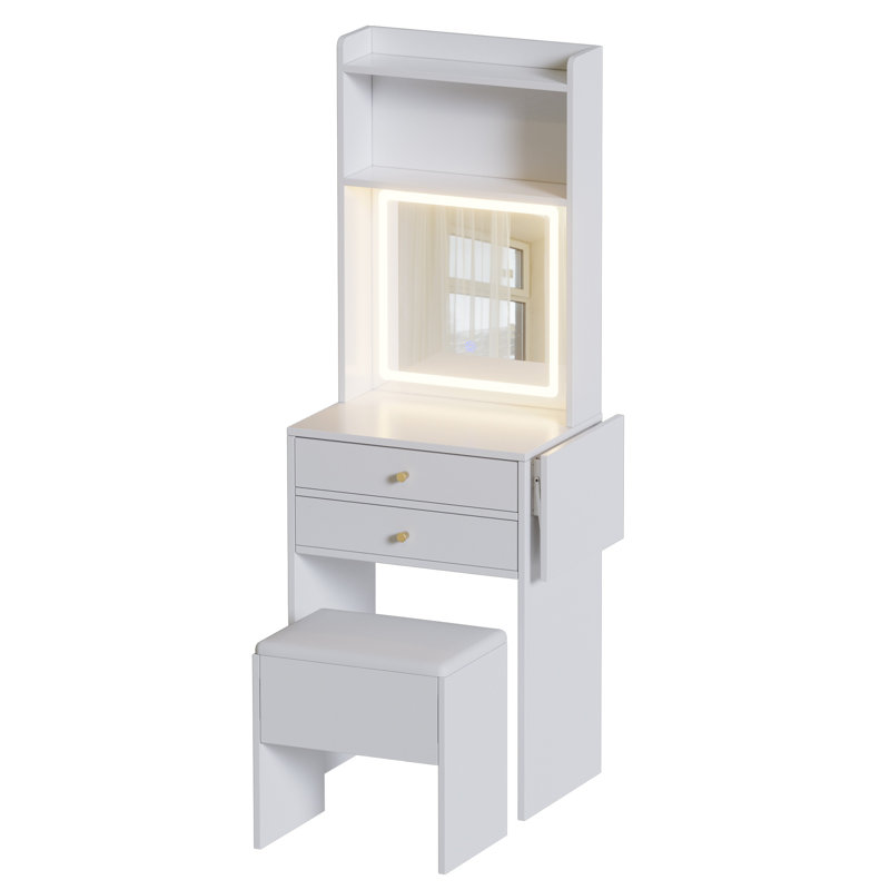 Ensemble de coiffeuse pour petit espace avec 3 miroirs lumineux réglables et une chaise de rangement, coiffeuse pour petit espace, coiffeuse blanche avec panneau rabattable, coiffeuse pour maquillage