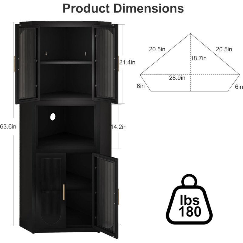 Metal Tall Corner Pantry Storage Cabinet With Acrylic Glass Doors & 1 Open Bar Shelf For Kitchen & Living Room, Black