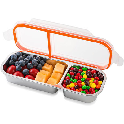 Airtight Sealed Divided Snack Container Set of 4, 2-Compartment 304 Stainless Steel Reusable Food Storage Trays in Assorted Colors, Portable Compact Lunch Holders