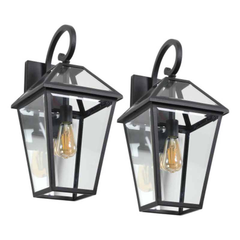 21"H Outdoor Wall Light 2-Pack, Modern Black Metal Clear Glass Lantern For Porch Patio Garden(Bulb Not Included)