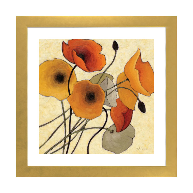 " Pumpkin Poppies II " by Shirley Novak, 16" H x 16" W x 1" D, Gold Paper Framed