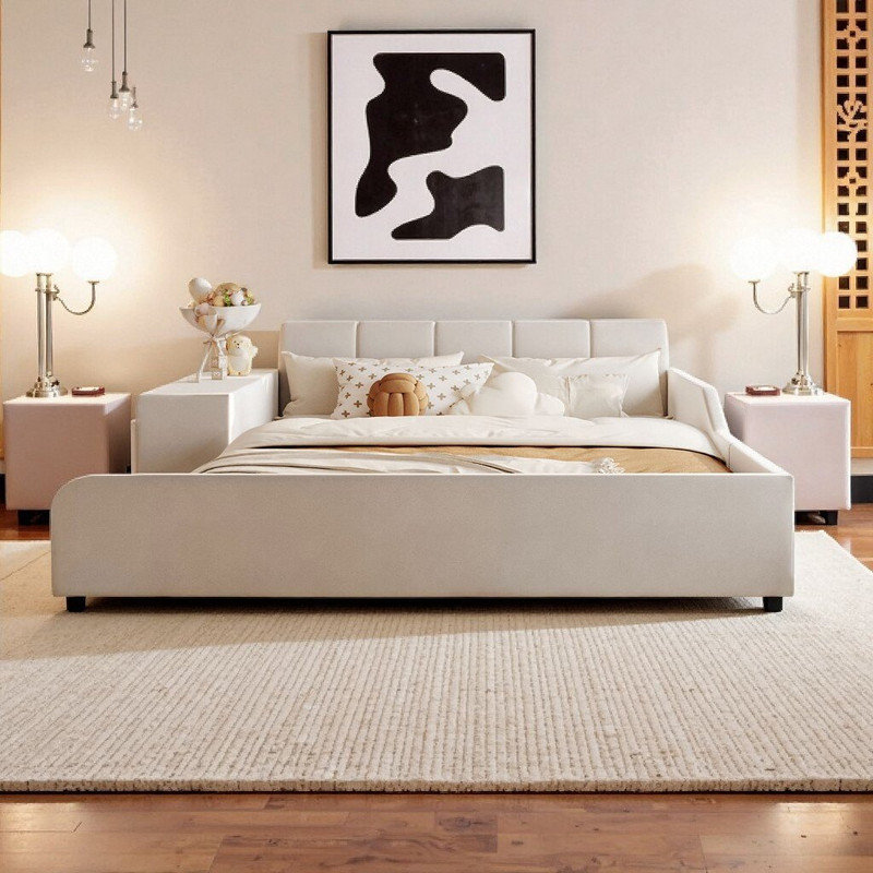 Lit plateforme tapissier pleine grandeur avec bureau et tabouret en velours, Beige, Lit double