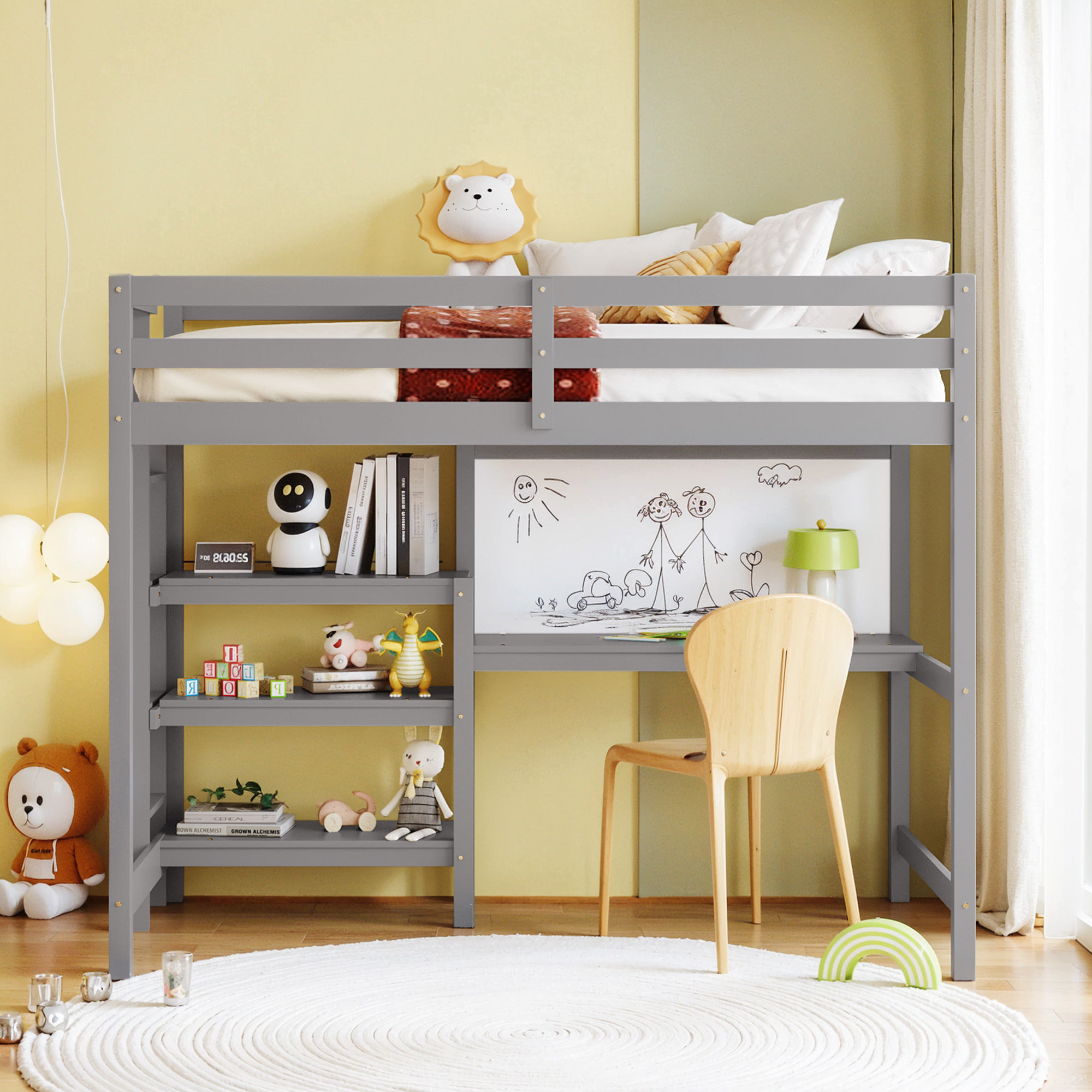 Latitude Run® Twin Size Wooden Loft Bed With Shelves | Wayfair