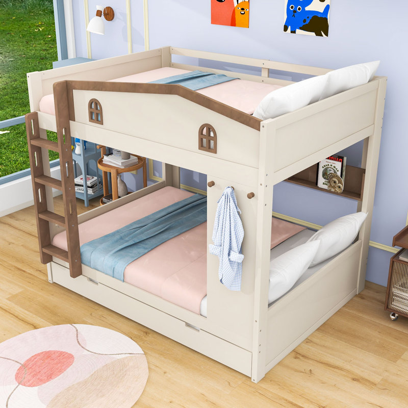Lit superposé en bois avec lit gigogne et tablettes intégrées, Grand sur grand, Naturel beige